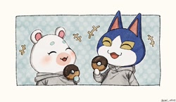 Size: 2048x1188 | Tagged: safe, artist:oni_atat, flurry (animal crossing), tom (animal crossing), cat, feline, hamster, mammal, rodent, semi-anthro, animal crossing, nintendo, 2d, blushing, clothes, doughnut, duo, eyes closed, female, food, holding, holding food, holding object, male, on model, open mouth, open smile, signature, smiling, sweater, topwear