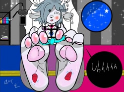Size: 889x659 | Tagged: suggestive, artist:alexfoxyart, cervid, deer, mammal, blushing, erotic massage, feet, femboy, fetish, foot fetish, foot focus, foot worship, licking, licking foot, licking paws, male, moaning, open mouth, paw fetish, paw focus, paw pads, paw worship, paws, saliva, soles, stocks, streaming, text, toe tied, toes, tongue, tongue out