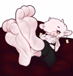 Size: 3914x4096 | Tagged: safe, artist:hpyononyo, bovid, goat, mammal, couch, crossed legs, cute, ear piercing, feet up, femboy, fetish, foot fetish, foot focus, foot pov, male, piercing, soles, toes