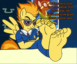 Size: 606x500 | Tagged: suggestive, artist:zeekthatgeek, spitfire (mlp), equine, fictional species, mammal, pegasus, pony, anthro, plantigrade anthro, friendship is magic, hasbro, my little pony, anthrofied, barefoot, feet, female, fetish, foot fetish, foot focus, human feet, soles, solo, solo female, toes