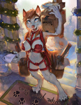 Size: 791x1024 | Tagged: suggestive, artist:sixthleafclover, canine, dog, mammal, anthro, absolute cleavage, box, breasts, cleavage, clothes, container, female, harness, lingerie, looking at you, outdoors, panties, paws, smiling, smiling at you, solo, solo female, tack, underwear