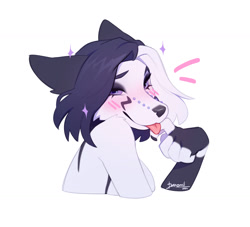 Size: 1280x1164 | Tagged: safe, artist:danomil, canine, mammal, wolf, anthro, 2024, blep, blushing, breasts, bust, clothes, cute, female, open mouth, shirt, solo, solo female, tongue, tongue out, topwear