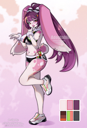 Size: 1361x2000 | Tagged: safe, artist:chickenpres, lagomorph, mammal, rabbit, anthro, 2024, adoptable, big breasts, bottomwear, breasts, clothes, ears, female, footwear, long ears, reference sheet, shoes, shorts, solo, solo female, sports bra, sports shorts, thick thighs, thighs, topwear, wide hips