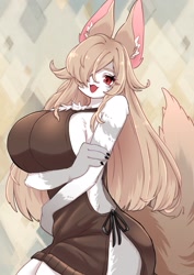 Size: 1451x2048 | Tagged: safe, artist:torotoronitoro_, canine, fox, mammal, anthro, 2024, breasts, female, hair, hair over one eye, huge breasts, long hair, solo, solo female, tail, thick thighs, thighs, wide hips