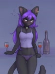 Size: 1535x2048 | Tagged: safe, artist:yshanii, cat, feline, mammal, anthro, alcohol, black body, black fur, blushing, bottle, breasts, brown eyes, clothes, container, digital art, drink, drunk, ear piercing, ears, female, fur, hair, looking at you, panties, piercing, purple hair, shirt, solo, solo female, tail, topwear, underwear, wide hips, wine, wine bottle, wine glass