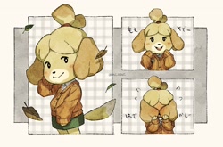Size: 2048x1352 | Tagged: safe, artist:oni_atat, isabelle (animal crossing), canine, dog, mammal, shih tzu, semi-anthro, animal crossing, nintendo, 2d, autumn, blushing, bottomwear, clothes, female, japanese text, leaf, looking at you, multeity, on model, open mouth, open smile, signature, skirt, smiling, smiling at you, solo, solo female, sweater, text, topwear, translation request