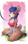 Size: 780x1200 | Tagged: suggestive, artist:yakovlev-vad, oc, cervid, deer, mammal, anthro, 2024, big breasts, blue hair, bottomless, breasts, brown body, brown fur, clothes, cloven hooves, collar, crop top, digital art, ears, female, fur, hair, hooves, kneeling, leash, looking at you, nudity, partial nudity, solo, solo female, tail, tank top, thick thighs, thighs, topwear, wide hips, yellow eyes