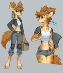 Size: 1300x1495 | Tagged: safe, artist:2d10art, giraffe, mammal, anthro, 2024, adoptable, bottomwear, clothes, cloven hooves, crop top, cute, female, hooves, jacket, jean shorts, pants, solo, solo female, tail, tank top, topwear, wide hips
