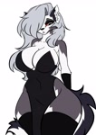 Size: 1448x2048 | Tagged: safe, artist:andromeda-james, loona (vivzmind), canine, fictional species, hellhound, mammal, anthro, hazbin hotel, helluva boss, 2024, absolute cleavage, bare shoulders, big breasts, bottomwear, breasts, cleavage, clothes, colored sclera, dress, eyebrow piercing, female, gloves, hair, hair over one eye, legwear, long gloves, piercing, red sclera, side slit, simple background, solo, solo female, thigh highs, total sideslit