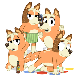 Size: 1000x1000 | Tagged: safe, artist:dm29, chilli heeler (bluey), australian cattle dog, canine, dog, mammal, semi-anthro, bluey (series), 1:1, 2024, alcohol, apron, bedroom eyes, beer, beer bottle, clothes, digital art, drink, ears, eyebrows, eyelashes, female, fur, kneeling, mature, mature female, open mouth, picture-in-picture, simple background, solo, solo female, tail, thighs, tongue, white background