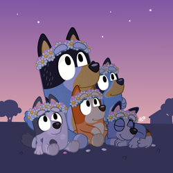 Size: 1000x1000 | Tagged: safe, artist:dm29, bandit heeler (bluey), bingo heeler (bluey), bluey heeler (bluey), muffin heeler (bluey), socks heeler (bluey), australian cattle dog, canine, dog, mammal, semi-anthro, bluey (series), 2024, cousins, daughter, detailed background, digital art, ears, eyebrows, eyelashes, eyes closed, father, father and child, father and daughter, female, flower, flower on head, fur, male, mature, mature male, niece, night, siblings, sister, sisters, sitting, sky, sleeping, tail, thighs, uncle, uncle and niece, young