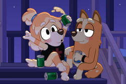 Size: 1095x730 | Tagged: safe, artist:dm29, chilli heeler (bluey), frisky heeler (bluey), australian cattle dog, canine, cocker spaniel, dog, mammal, spaniel, semi-anthro, bluey (series), 2024, alcohol, bedroom eyes, beer, beer can, blushing, detailed background, digital art, drink, drunk, duo, duo female, ears, english cocker spaniel, eyebrows, eyelashes, female, females only, friends, fur, sitting, tail, teenager, thighs, younger