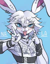 Size: 1708x2157 | Tagged: safe, artist:yarney, oc, oc only, lagomorph, mammal, rabbit, anthro, 2024, blue background, clothes, crossdressing, digital art, ears, eye through hair, femboy, fur, glasses, hair, half body, male, open mouth, pink nose, simple background, solo, solo male, tattoo, tongue, tongue out