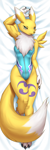 Size: 1108x3325 | Tagged: safe, artist:mykegreywolf, fictional species, renamon, anthro, digitigrade anthro, digimon, 2024, bed, belly button, breasts, clothes, detailed background, digital art, ears, eyelashes, female, fluff, fur, lying down, lying on bed, neck fluff, on bed, one-piece swimsuit, solo, solo female, swimsuit, tail, thighs, wide hips