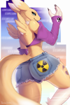 Size: 1129x1700 | Tagged: safe, artist:tetrastrix, fictional species, renamon, anthro, digimon, 2023, 2024, bedroom eyes, big butt, bottomwear, breasts, butt, clothes, crop top, digital art, ears, evening gloves, eyelashes, female, fluff, fur, gloves, long gloves, neck fluff, rear view, shorts, sideboob, solo, solo female, tail, thighs, topwear, wide hips