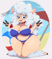 Size: 1327x1500 | Tagged: suggestive, artist:bigdon1992, oc, oc only, bovid, caprine, mammal, sheep, anthro, 2024, 4 fingers, bandeau, beach, bikini, blue bikini, blue swimsuit, blushing, breasts, choker, cleavage, clothes, detailed background, dialogue, female, fluff, front view, glasses, hair, hair accessory, huge breasts, kneeling, leg fluff, long hair, looking at you, midriff, ocean, open mouth, open smile, outdoors, parasol, puffy hair, purple eyes, round glasses, sand, sky, smiling, solo, solo female, speech bubble, swimsuit, tail, tail tuft, talking, text, thick thighs, thighs, underboob, voluptuous, water, white hair, white tail, wide hips