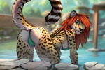 Size: 1500x1000 | Tagged: suggestive, artist:tashalisets, cheetah, feline, mammal, anthro, 2024, all fours, bikini, breasts, butt, cameltoe, clothes, female, hair, long hair, looking at you, looking back, looking back at you, onsen, presenting, raised tail, solo, solo female, swimsuit, tail, thighs