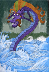 Size: 828x1207 | Tagged: safe, artist:muramasa91, steven magnet (mlp), fictional species, reptile, sea serpent, snake, naga, semi-anthro, friendship is magic, hasbro, my little pony, 2011, 2d, black eyes, blue belly, colored tongue, hair, male, open mouth, orange hair, partially submerged, purple body, purple scales, purple tongue, scales, solo, solo male, teeth, tongue, water