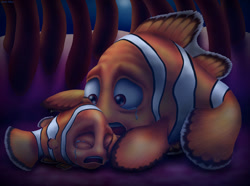 Size: 1036x771 | Tagged: safe, artist:jac59col, marlin (finding nemo), nemo (finding nemo), clownfish, fish, feral, disney, finding nemo, pixar, 2024, anemone, comforting, crying, duo, duo male, emotional, eyes closed, father, father and child, father and son, male, males only, open mouth, sad, son, striped body, stripes, young