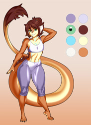 Size: 1453x1990 | Tagged: safe, artist:weelzelu, oc, oc only, cat, dragon, feline, fictional species, hybrid, mammal, anthro, digitigrade anthro, 2024, belly button, clothes, commission, detailed background, digital art, dragoness, ears, eyelashes, female, flat chest, fur, hair, pose, solo, solo female, sports bra, sports pants, tail, thighs, topwear, wide hips, ych result