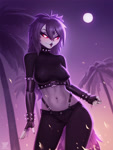 Size: 1200x1600 | Tagged: suggestive, artist:hacatiko, octavia (vivzmind), bird, bird of prey, demon, fictional species, owl, anthro, hazbin hotel, helluva boss, 2024, beak, bedroom eyes, belly button, bottomwear, breasts, clothes, colored sclera, crop top, detailed background, digital art, ears, eyelashes, female, fur, hair, nipple outline, panties, pants, red sclera, solo, solo female, tail, thighs, thong, topwear, wide hips