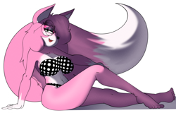 Size: 2402x1534 | Tagged: safe, artist:tobitobi90, oc, oc only, canine, fox, mammal, anthro, plantigrade anthro, 2024, belly button, bikini, breasts, clothes, commission, digital art, ears, eyelashes, female, fur, glasses, hair, open mouth, simple background, sitting, solo, solo female, swimsuit, tail, thighs, tongue, vixen, white background, wide hips