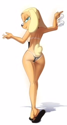 Size: 1800x3329 | Tagged: suggestive, artist:tobitobi90, brandy harrington (brandy & mr. whiskers), canine, dog, mammal, anthro, plantigrade anthro, brandy & mr. whiskers, disney, 2024, bikini, breasts, butt, clothes, digital art, ears, eyelashes, female, fur, hair, rear view, sandals, shoes, sideboob, simple background, sling bikini, solo, solo female, suntan, swimsuit, tail, thighs, white background, wide hips