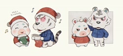 Size: 2048x940 | Tagged: safe, artist:oni_atat, flurry (animal crossing), rolf (animal crossing), big cat, feline, hamster, mammal, rodent, tiger, semi-anthro, animal crossing, nintendo, 2d, blushing, christmas, clothes, duo, eyes closed, female, hat, headwear, holiday, legwear, male, on model, open mouth, open smile, santa hat, signature, sitting, smiling, stockings, sweater, topwear