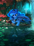 Size: 1756x2400 | Tagged: safe, artist:yakovlev-vad, princess luna (mlp), alicorn, carp, equine, fictional species, fish, koi, mammal, pony, feral, friendship is magic, hasbro, my little pony, 2017, blue body, blue fur, blue hair, book, crown, cyan eyes, digital art, drink, ears, feathered wings, feathers, female, fur, hair, headwear, horn, jewelry, leaf, lilly pads, mare, outdoors, peytral, plant, regalia, solo, solo female, tea, tree, water, waterfall, wings