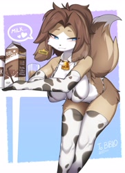 Size: 2962x4096 | Tagged: suggestive, artist:zinfyu, oc, oc only, canine, dog, mammal, anthro, 2024, areola, areola slip, bedroom eyes, belly button, bikini, blushing, breasts, clothes, commission, cow print, dairy products, digital art, drink, ears, eyelashes, female, fur, hair, legwear, milk, milk bottle, milk carton, pose, simple background, solo, solo female, stockings, swimsuit, tail, thighs, wide hips