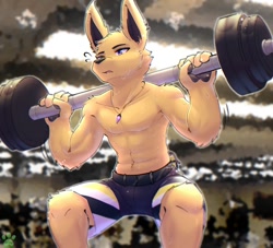 Size: 1100x1000 | Tagged: suggestive, artist:tyromearts, eeveelution, fictional species, jolteon, mammal, anthro, nintendo, pokémon, athletic, athletic anthro, athletic male, bottomwear, clothes, fur, gym, jewelry, male, necklace, shorts, solo, solo male, sweat, sweatdrop, sweaty body, weight lifting, yellow body, yellow fur