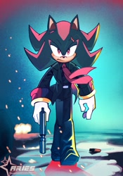 Size: 1400x2000 | Tagged: safe, artist:kosmic aries, john wick (john wick), shadow the hedgehog (sonic), hedgehog, mammal, john wick, sega, sonic the hedgehog (series), sonic the hedgehog movie, 2024, black body, black fur, bottomwear, clothes, collared suit, cosplay, embers, explosion, footwear, formal outfit, frowning, fur, gloves, gold bracelet, gun, half closed eyes, jacket, jewelry, keanu reeves (actor), looking at you, male, multicolored body, multicolored fur, necktie, pants, puddle, red body, red eyes, red fur, ring, scar, scar on face, serious, shirt, shoes, simple background, solo, solo male, suit, suppressor, topwear, two toned body, two toned fur, voice actor joke, walking, weapon, wind