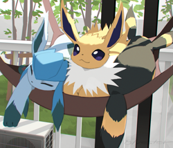 Size: 835x716 | Tagged: safe, artist:cco00oo, eeveelution, fictional species, glaceon, jolteon, mammal, umbreon, feral, nintendo, pokémon, 2024, 2d, :3, air conditioner, ambiguous gender, ambiguous only, back marking, behaving like a cat, black body, black fur, black nose, black tail, blue body, blue fur, body markings, butt, butt fluff, casual nudity, chromatic aberration, closed mouth, closed smile, complete nudity, cute, detailed background, digital art, dutch angle, ear fluff, ear markings, ears, eyes closed, fluff, front view, fur, group, hammock, happy, head fluff, head marking, indoors, light blue body, loafing, long ears, lying down, multicolored body, multicolored fur, neck fluff, nudity, paws, prone, rear view, signature, sleeping, smiling, socks (leg marking), sunlight, tail, tail fluff, tail marking, thigh markings, thighs, trio, trio ambiguous, two toned body, two toned fur, white body, white fur, yellow body, yellow fur, yellow marking