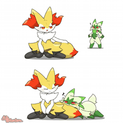 Size: 960x960 | Tagged: safe, artist:tontaro, braixen, fictional species, floragato, semi-anthro, nintendo, pokémon, spoiler:pokémon gen 9, spoiler:pokémon scarlet and violet, 2024, 2d, 2d animation, ambiguous gender, ambiguous only, animated, behaving like a cat, black nose, digital art, duo, duo ambiguous, ear fluff, ears, fluff, fur, gif, hip fluff, neck fluff, shoulder fluff, simple background, sitting, starter pokémon, tail, thighs, white background