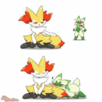 Size: 960x960 | Tagged: safe, artist:tontaro, braixen, fictional species, floragato, semi-anthro, nintendo, pokémon, spoiler:pokémon gen 9, spoiler:pokémon scarlet and violet, 2024, 2d, 2d animation, ambiguous gender, ambiguous only, animated, bedroom eyes, behaving like a cat, black nose, cuddling, cute, digital art, duo, duo ambiguous, ear fluff, ear twitch, ears, eyes closed, fluff, fur, gif, hip fluff, hug, lying down, neck fluff, paws, short tail, shoulder fluff, simple background, sitting, starter pokémon, tail, thighs, white background