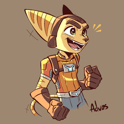 Size: 1024x1024 | Tagged: safe, artist:advosart, ratchet (r&c), fictional species, lombax, mammal, anthro, ratchet & clank, belt, clothes, emanata, eyebrows, fur, gloves, green eyes, headwear, male, open mouth, solo, solo male, striped fur, teeth, tongue