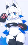 Size: 1875x3000 | Tagged: safe, artist:devil vox, arctic fox, canine, fox, mammal, anthro, 2024, big breasts, bikini, boob window, breasts, cat keyhole bra set, clothes, female, paw pads, paws, solo, solo female, swimsuit, tail, thick thighs, thighs, wide hips