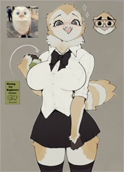 Size: 1305x1800 | Tagged: safe, artist:claweddrip, bird, bird of prey, owl, anthro, 2024, beak, bottomwear, breasts, clothes, feathers, female, fluff, furrified animal photo, glasses, huge breasts, neck fluff, school uniform, schoolgirl, shirt, skirt, solo, solo female, tail, tail feathers, thick thighs, thighs, topwear, wide hips