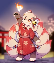 Size: 1772x2048 | Tagged: safe, artist:accelldraws, canine, fictional species, fox, kitsune, mammal, anthro, 2024, ambiguous gender, fire, kimono (clothing), magic, multiple tails, tail