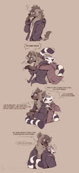 Size: 684x1500 | Tagged: safe, artist:misterlemur, hyena, lemur, mammal, ring-tailed lemur, anthro, blushing, clothes, comic, female, fluff, glasses, hoodie, hug, hug from behind, long tail, male, male/female, neck fluff, tail, topwear