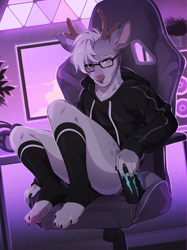 Size: 956x1280 | Tagged: safe, artist:fumiko, oc, cervid, deer, mammal, anthro, 2022, antlers, chair, clothes, digital art, ears, fur, glasses, gray body, gray fur, hoodie, looking at you, male, monster energy, paws, silver hair, sitting, socks, solo, solo male, topwear