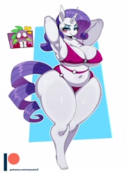 Size: 1998x2767 | Tagged: suggestive, artist:ss2sonic, rarity (mlp), spike (mlp), dragon, equine, fictional species, mammal, pony, unicorn, anthro, friendship is magic, hasbro, my little pony, anthrofied, belly button, big breasts, bikini, blushing, breasts, cleavage, clothes, curvy, curvy figure, duo, duo male and female, eyeshadow, female, female focus, hair, hands behind head, horn, long hair, looking at someone, looking at you, makeup, male, midriff, nipple outline, purple hair, purple tail, simple background, slightly chubby, smiling, solo focus, standing, swimsuit, tail, thick thighs, thighs, three-quarter view, white body, wide hips