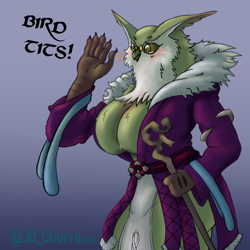 Size: 1500x1500 | Tagged: suggestive, artist:jd_churro, ramona (unicorn overlord), bird, bird of prey, owl, anthro, unicorn overlord, 2024, absolute cleavage, big breasts, blushing, breasts, cleavage, dialogue, female, glasses, kimono (clothing), round glasses, solo, solo female, staff, talking