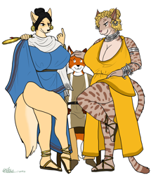 Size: 1800x2000 | Tagged: suggestive, artist:ohs688, canine, feline, fox, mammal, anthro, breasts, clothes, female, huge breasts, male, sandals, shoes