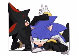 Size: 2048x1486 | Tagged: safe, artist:zhong iikawa, shadow the hedgehog (sonic), sonic the hedgehog (sonic), hedgehog, mammal, sega, sonic the hedgehog (series), 2024, black body, black fur, blue body, blue fur, clothes, duo, duo male, footwear, formal outfit, fur, gloves, gold bracelet, green eyes, looking at you, male, males only, multicolored body, multicolored fur, red body, red eyes, red fur, shoes, simple background, suit, tongue, tongue out, trapped, two toned body, two toned fur