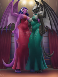 Size: 1350x1800 | Tagged: safe, artist:marje, oc, oc only, dragon, fictional species, anthro, digitigrade anthro, 2024, bottomwear, breasts, clothes, commission, detailed background, digital art, dragon wings, dragoness, dress, duo, duo female, ears, eyelashes, female, females only, hair, high heels, horns, shoes, tail, thighs, wide hips