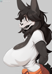Size: 1624x2269 | Tagged: suggestive, artist:cooliehigh, scp-1471-a (scp), canine, mammal, wolf, anthro, scp, 2024, belly button, bone, breasts, cleavage, clothes, digital art, ears, eyelashes, female, fur, hair, huge breasts, looking at you, nipple outline, open mouth, panties, sharp teeth, shirt, simple background, skull, solo, solo female, tail, teeth, thighs, tongue, topwear, underwear, wide hips
