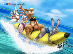 Size: 2217x1662 | Tagged: safe, artist:taka studio, babs bunny (tiny toon adventures), haru (beastars), judy hopps (zootopia), lola bunny (looney tunes), lagomorph, mammal, rabbit, anthro, digitigrade anthro, beastars, disney, looney tunes, tiny toon adventures, warner brothers, zootopia, 2024, banana boat, beach, belly button, bikini, black bikini, black swimsuit, blue swimsuit, boat, bottomwear, breasts, buckteeth, butt, clothes, detailed background, digital art, ears, eyelashes, female, females only, fur, hair, ocean, older, one-piece swimsuit, open mouth, pink nose, red bikini, red swimsuit, screaming, shirt, short tail, shorts, swimsuit, tail, teeth, thighs, tongue, topwear, water, wide hips