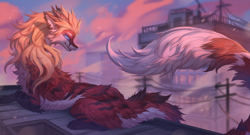 Size: 1500x812 | Tagged: safe, artist:hioshiru, oc, oc only, dragon, fictional species, furred dragon, wingless dragon, feral, city, female, fluff, fur, hair, horns, lying down, mane, multicolored body, multicolored fur, paws, prone, solo, tail, tail fluff