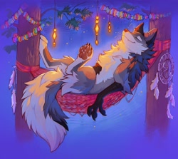 Size: 2644x2357 | Tagged: safe, artist:hioshiru, oc, oc:hioshiru, bird, canine, enfield, fictional species, fox, mammal, feral, 2019, cute, dream catcher, eyes closed, female, fluff, hammock, lying down, on back, paw pads, paws, paws in air, relaxing, solo, tail, tail fluff, underpaw